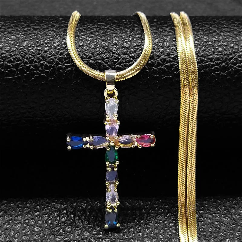 Vintage Shiny Zircon Jesus Cross Religious Amulet Necklace Women Stainless Steel Clavicle Snake Chain Choker Necklaces Jewelry