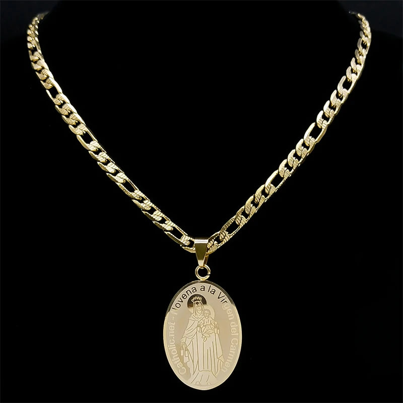 Catholic Virgin Mary Madal Necklace Men Women Stainless Steel Necklaces Jewelry Gift Novena a La Virgen Del Carmen NZZZ137S05