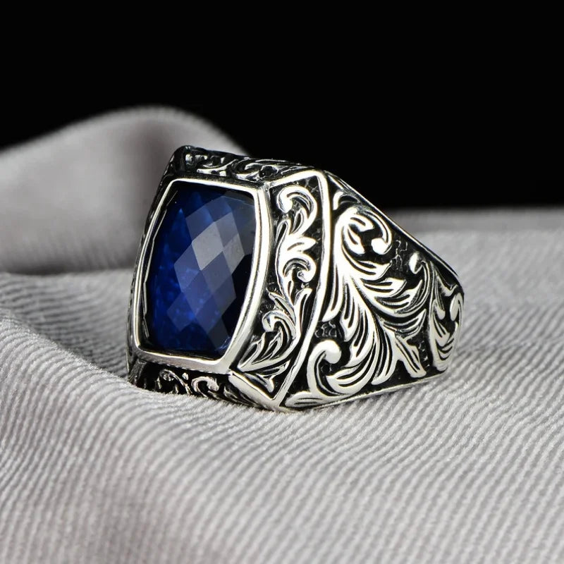 Vintage Punk Geometric Blue Suitable Rings for Anniversary Party Wedding Men's High-end Luxury Jewelry