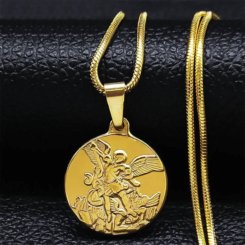 SAINT MICHAEL PROTECT US Archangel Stainless Steel Necklaces Chain Men/Women Gold Color Choker Necklace Jewelry Joyas NHH32