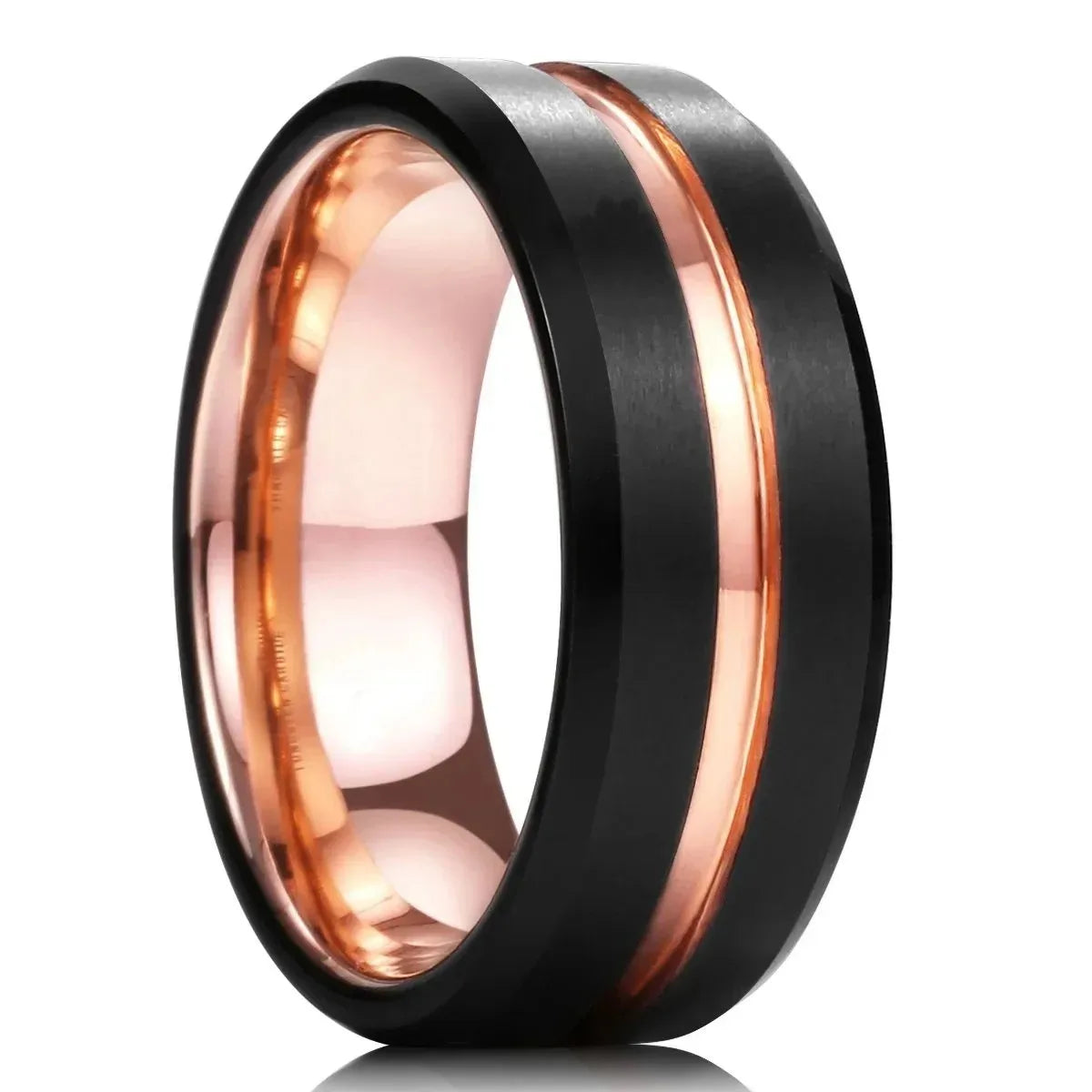 Trendy 8mm Men Stainless Steel Rings Black Brushed Gold Color Groove Beveled Edge Engagement Ring Men Wedding Jewelry Wholesale