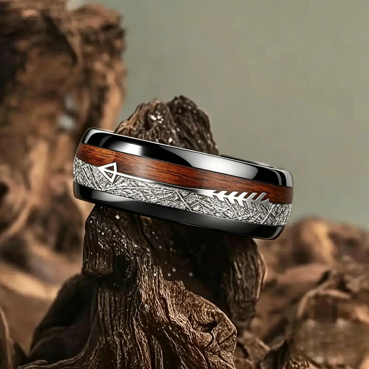 Fashion 8mm Black Stainless Steel Arrow Rings For Men Inlay Meteorite Hawaiian Koa Wood Rings Men Wedding Band Jewelry Wholesale