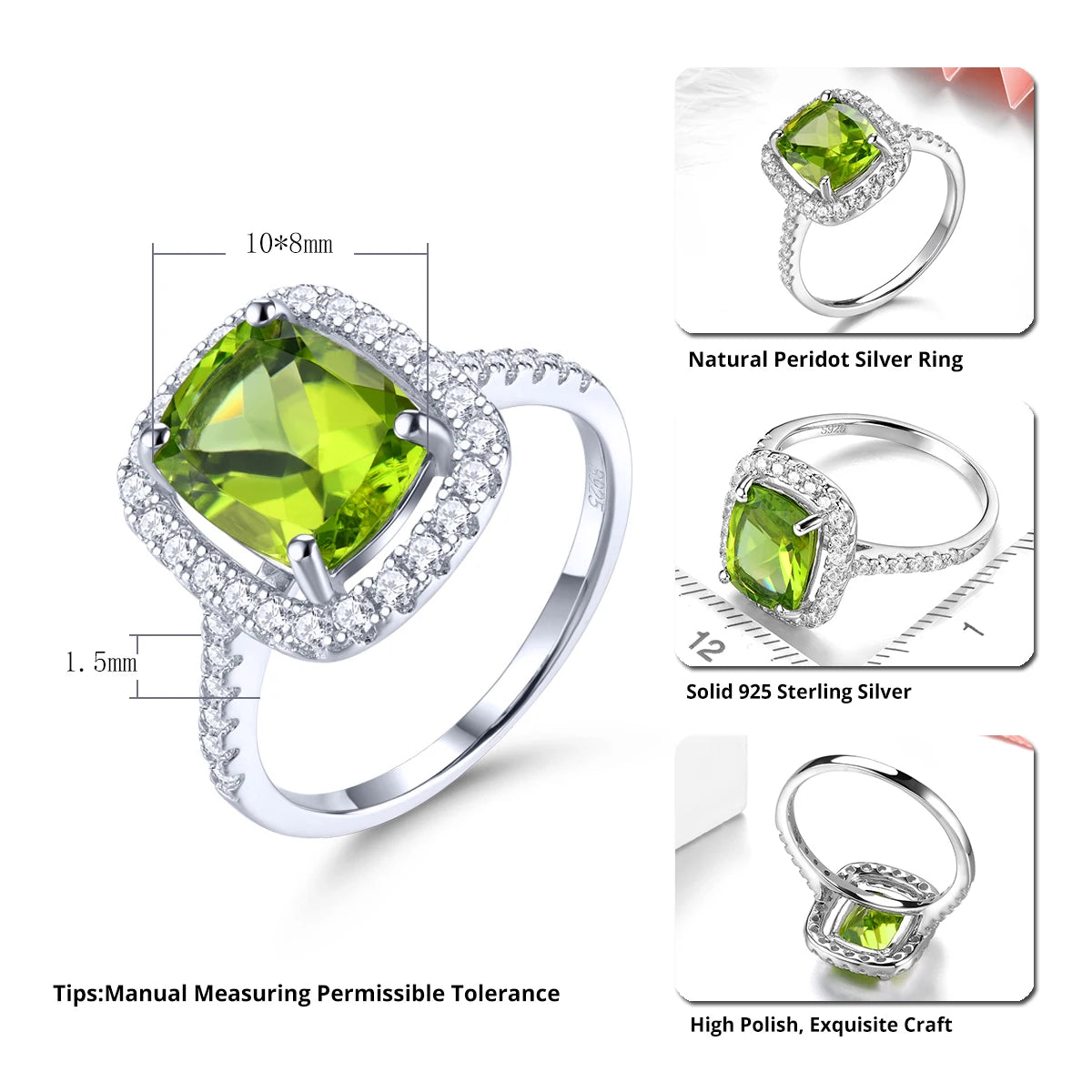 Natural Peridot Sterling Silver Women's Ring 3 Carats Genuine Gemstone Birthstone August Birthday Gifts S925 Fine Jewelrys