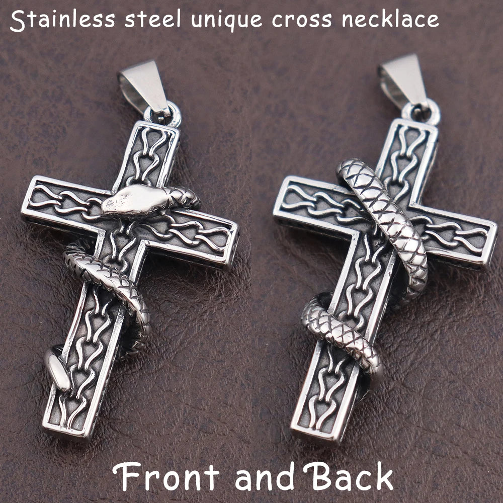 Gothic Religious Creative Snake Cross Neckalce for Men Gift Stainless Steel Vintage Punk Snake Pendant Halloween Amulet Jewelry