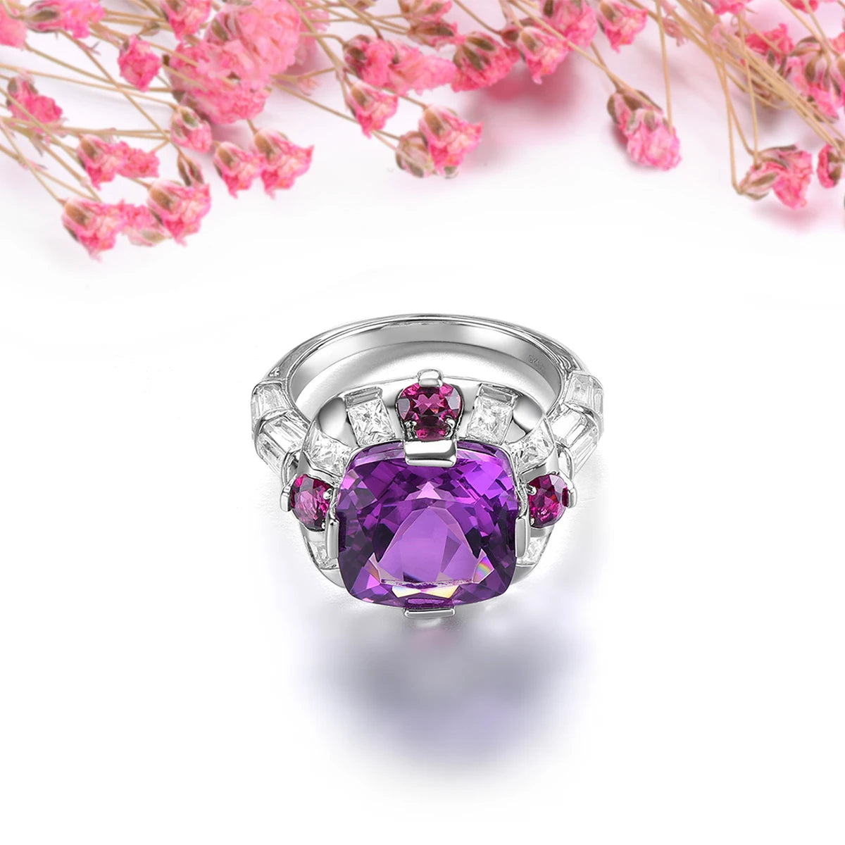 Natural Amethyst Rhodolite Garnet Solid Silver Rings 7.8 Carats Genuine Multicolor Fine Jewelry Engagement Anniversary Gifts