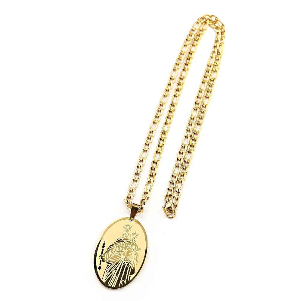 Oval Medal Virgin Mary Pendant Necklace for Women Men Stainless Steel Gold Color Catholic Our Lady of Mount Carmel Chain Jewelry