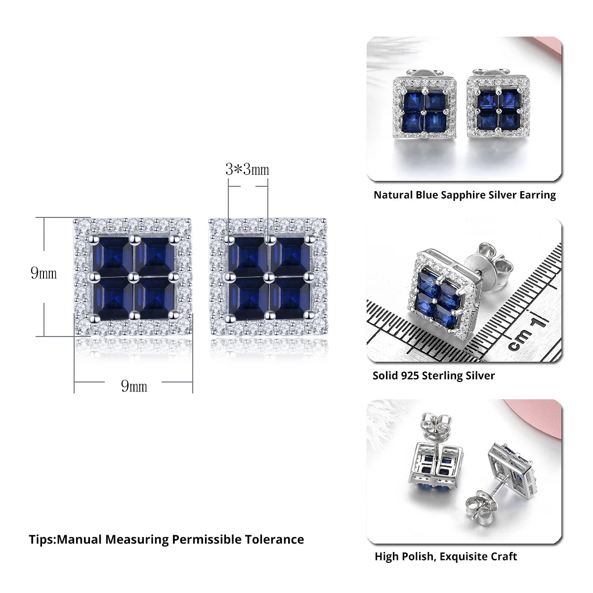 Natural Blue Sapphire Sterling Silver Stud Earring 1.7 Carats Genuine Precious Gemstone S925 Fine Jewelry Rhodium Plated Gifts