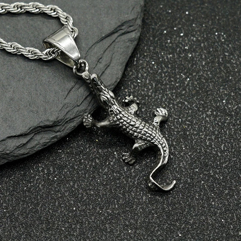 Hip Hop Vintage Crocodile Pendant Necklace Stainless Steel lizard Chain Necklaces for Men Punk Gecko Animal Jewelry Accessories