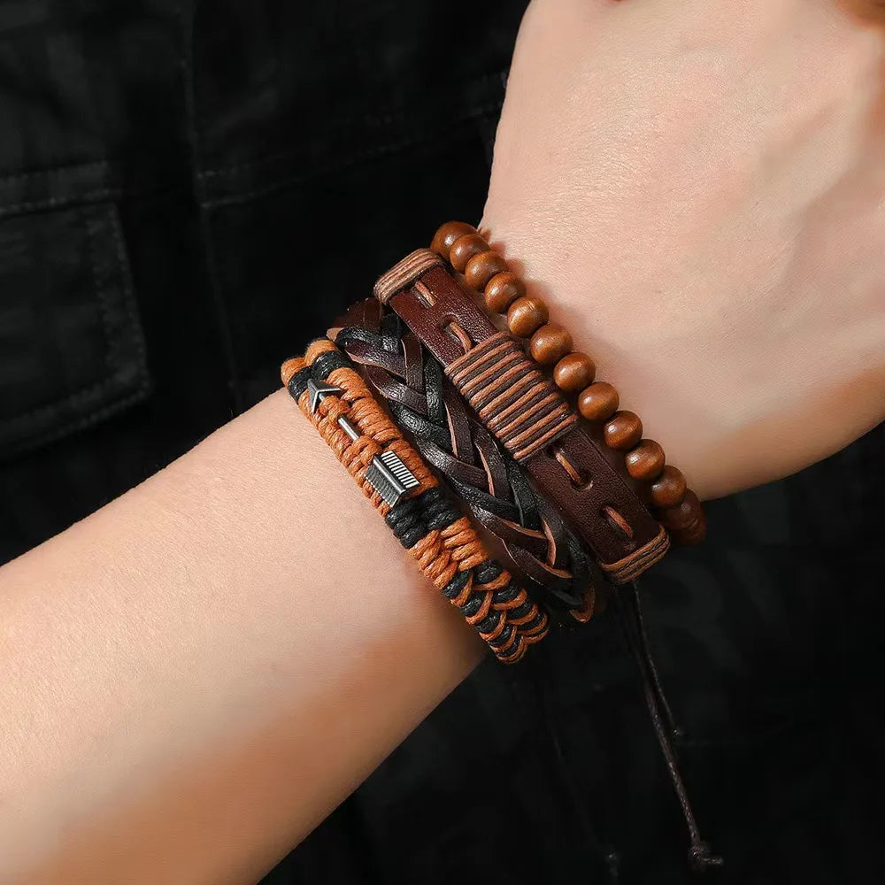 Red Beads Vintage Feather Casual 4 Pc/set Handmade Men Bracelets Male Women Leather Bracelets Men Bangle Wholesale Jewelry Gift