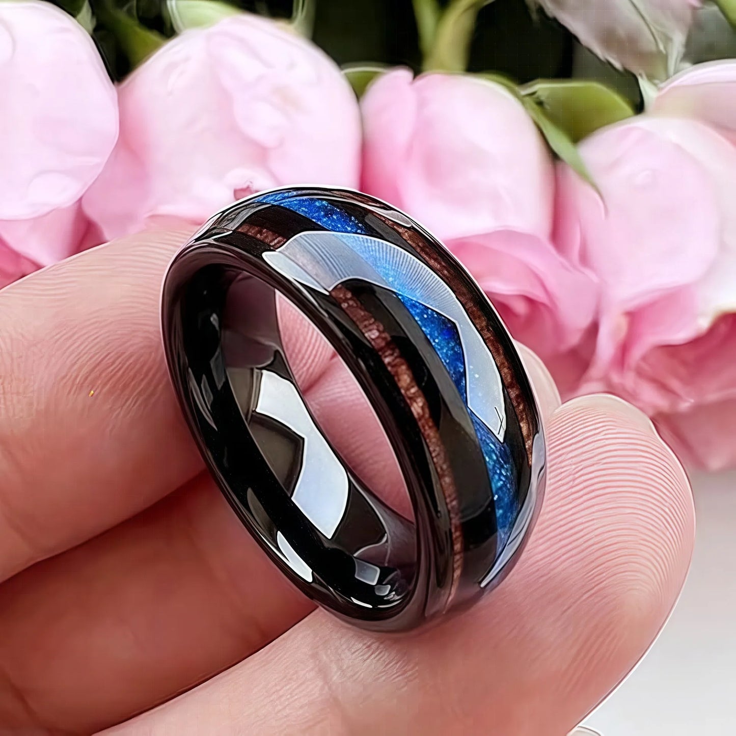 8MM Unique Blue Opal Inaly Men's Black Stainless Steel Rings