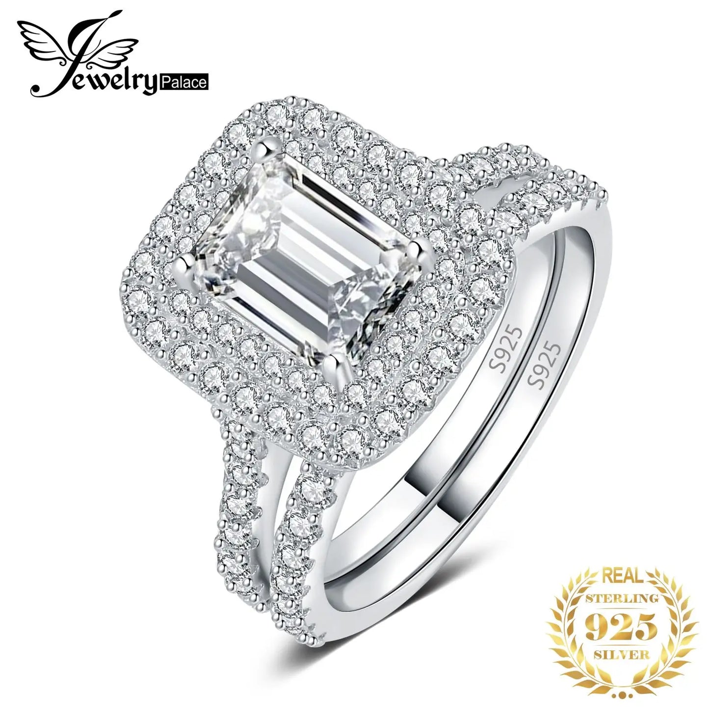 JewelryPalace 925 Sterling Silver Halo Wedding Band Engagement Ring Set for Women 2.9ct Emerald Cut AAAAA CZ Fashion Jewelry CHINA