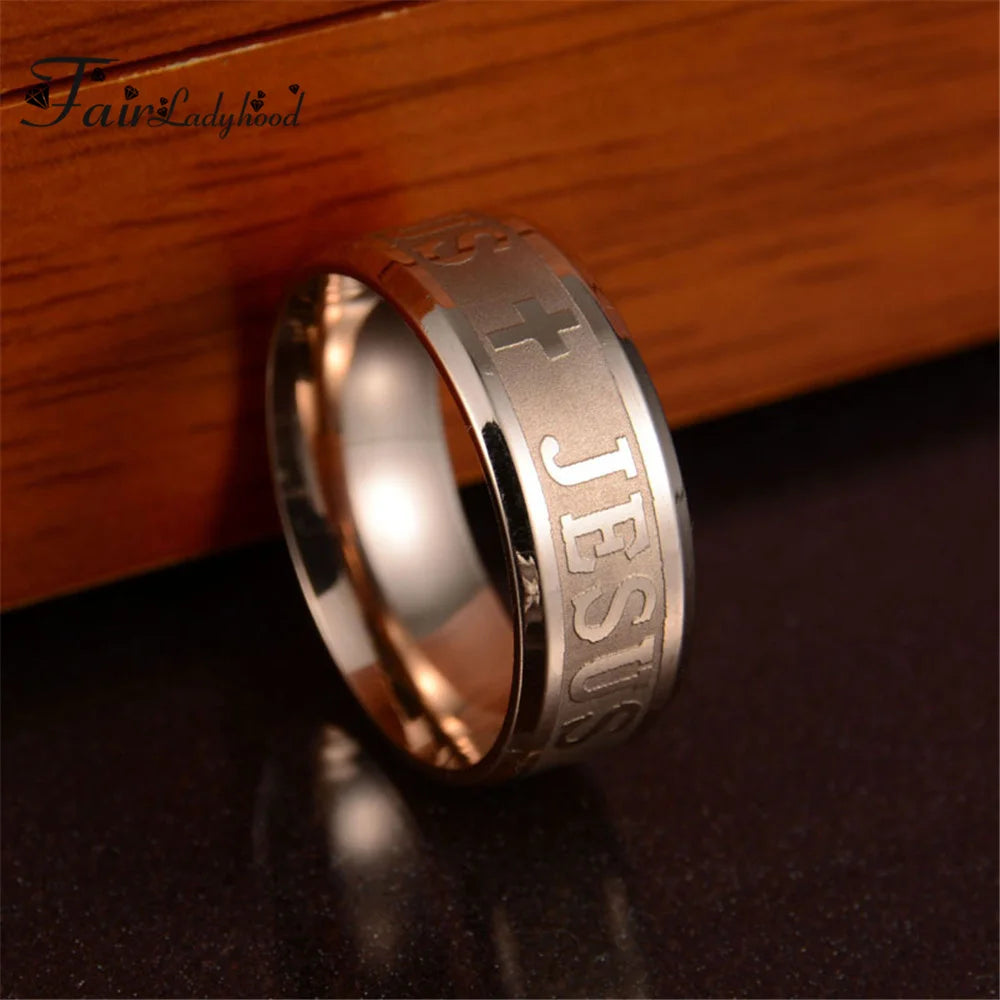 FairLadyHood TOP Quality Catholic 8mm Titanium Steel Silver Color Rose Gold Color Jesus Cross Letter Bible Wedding Band Ring Men