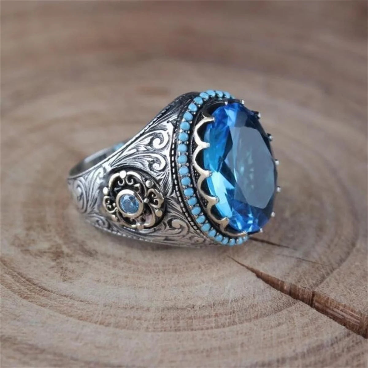 Retro Handmade Turkish Signet Ring For Men Women Ancient Silver Color Carved Eagle Ring Green Zircon Inlay Punk Motor Biker Ring