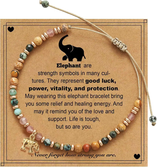 Natural Healing Stone Bracelet Beads,14k Gold Plated Elephant,Friendship Gifts for Women, Birthday Gift for Best Friends Sisters