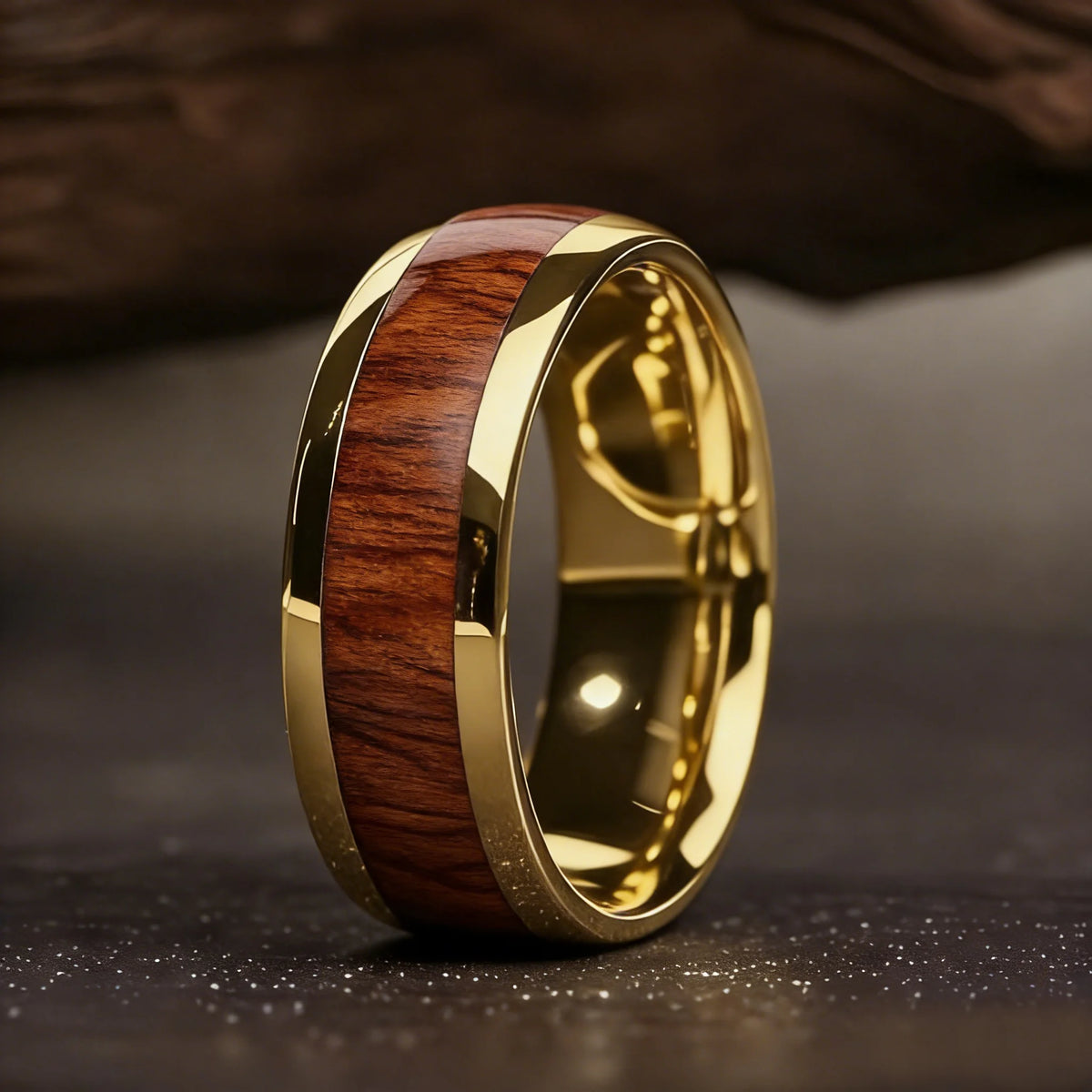 Fashion Koa Wood Inlay Rings 8MM Gold Color Men Stainless Steel Rings For Men Women Domed Wedding Engagement Jewelry Gift
