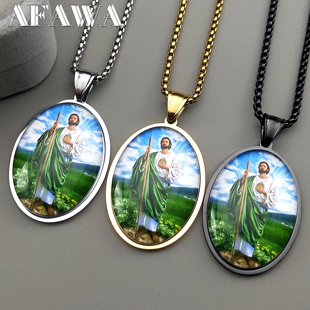 Christian San Judas Tadeo Glass Medal Pendant Necklace for Women Men Stainless Steel Gold Color Saint Jude Amulet Jewelry Gift