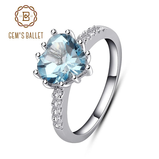 GEM'S BALLET 3.17Ct Cute Heart Natural Sky Blue Topaz Ring 925 Sterling Silver Ring for Women Engagement