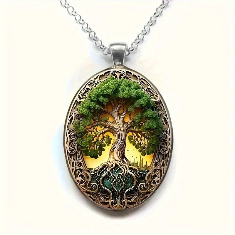 New Fashionable and Elegant Tree of Life Pattern Elliptical Glass Alloy Pendant Necklace Jewelry Wholesale