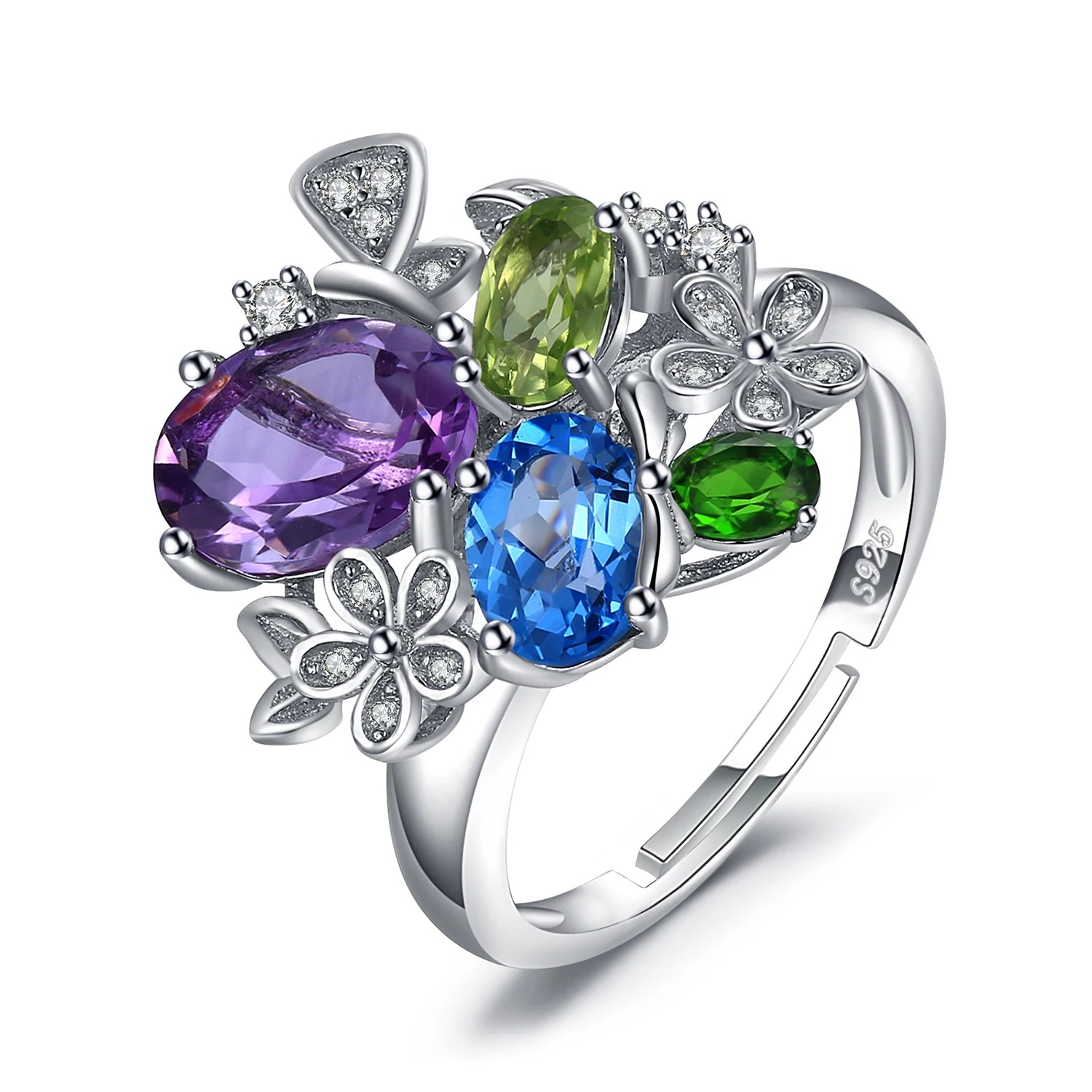 JewelryPalace Flower Natural Amethyst Blue Topaz Peridot Chrome Diopside Open Adjustable Cocktail Ring 925 Sterling Silver Women 925 Sterling Silver resizable