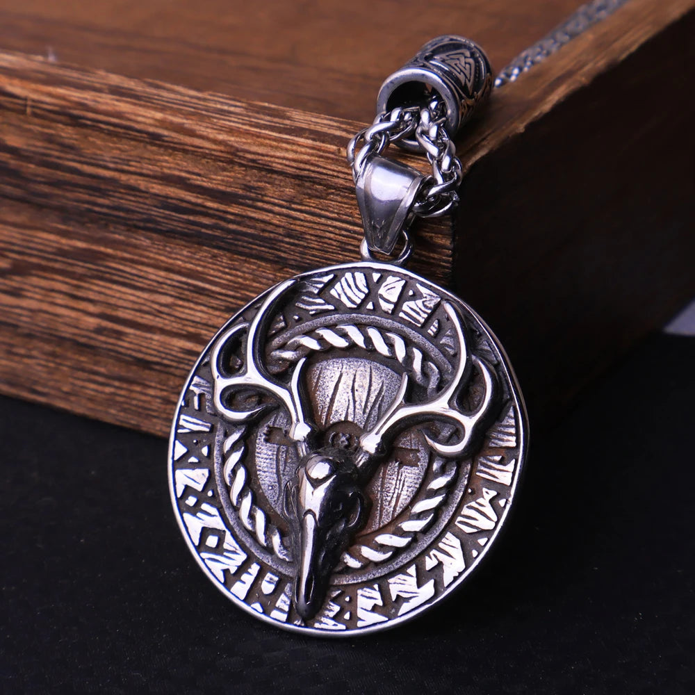 Vintage Viking Elk Skull Pendant Necklace Stainless Steel Norse Odin Viking Rune Necklace for Men Biker Amulet Jewelry Wholesale