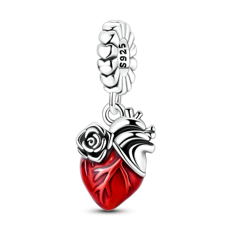 Heart & Organ Charm 925 Sterling Silver Red Rose Skull Dangle Pendant Dark Aesthetic Fit Bangle Bracelet Necklace DIY Jewelry