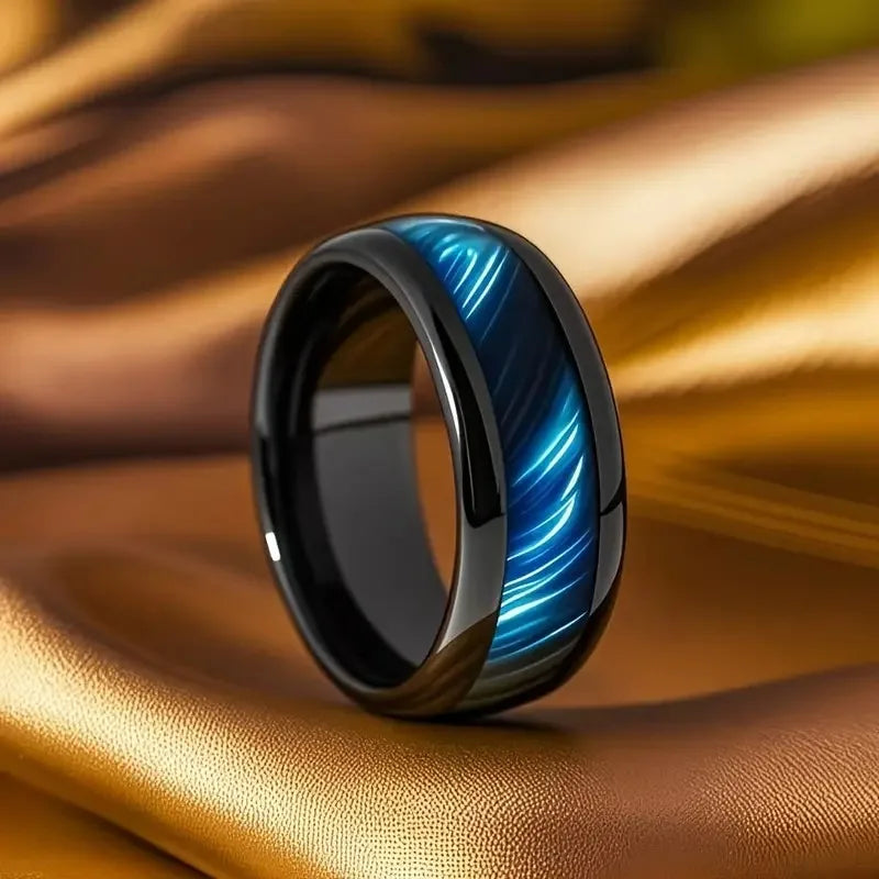 Fashion 8mm Men Stainless Steel Rings Black Color Brushed Brown Abalone Shell Inlay Rings for Men Wedding Band Jewelry Gift