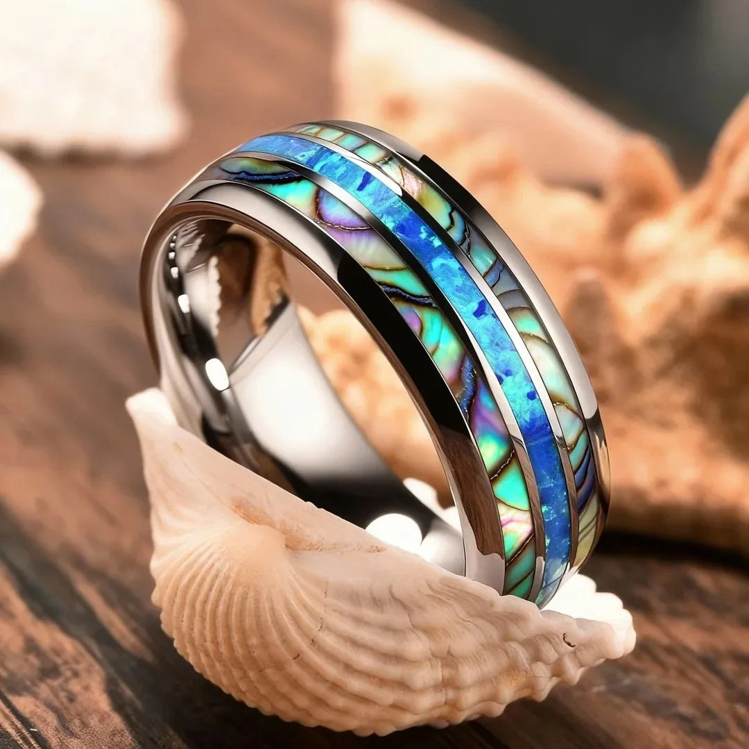 Fashion Men Silver Color Stainless Steel Rings, Inlay Blue Opal and Abalone Shell Rings For Men Women, Wedding Band Jewelry Gift