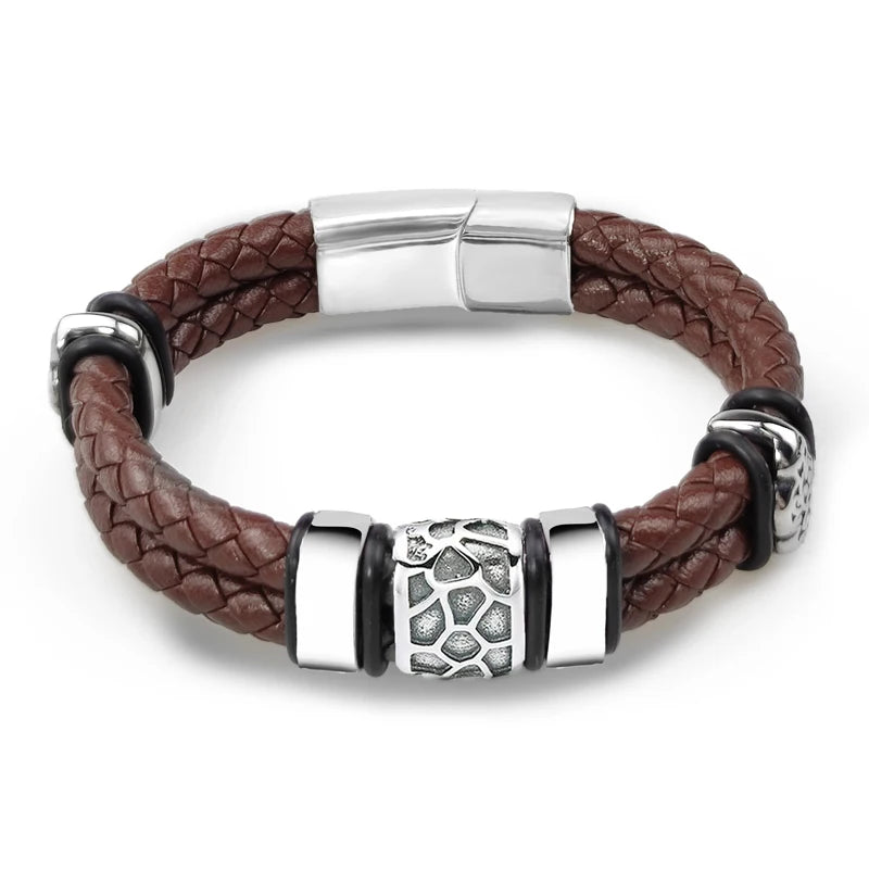 Brown Luxury 316L Stainless Steel Irregularly Cracked Man Bracelet Genuine Braided Leather Men's Jewelry Items