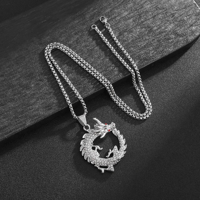Fashion Charm Stainless Steel Dragon Necklace - Vacuum gold plating with diamond inlay Pendant Jewelry Gift Oriental Amulet Gift