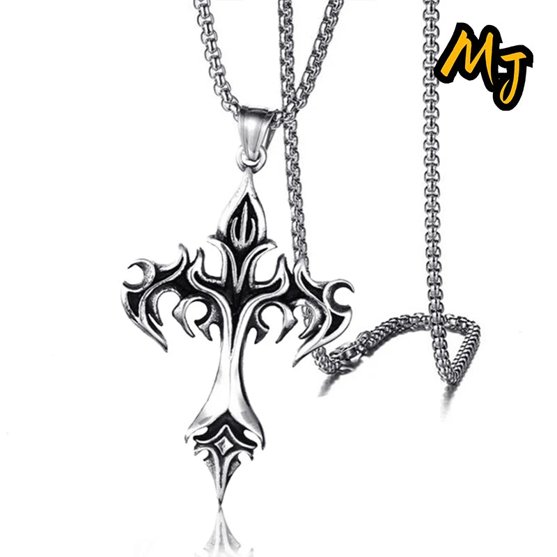 Vintage Men's Gothic Flame Cross Pendant Necklace Alloy Motorcycle Club Gothic  DragonEnwined Skull Cross Halloween Jewelry Gift