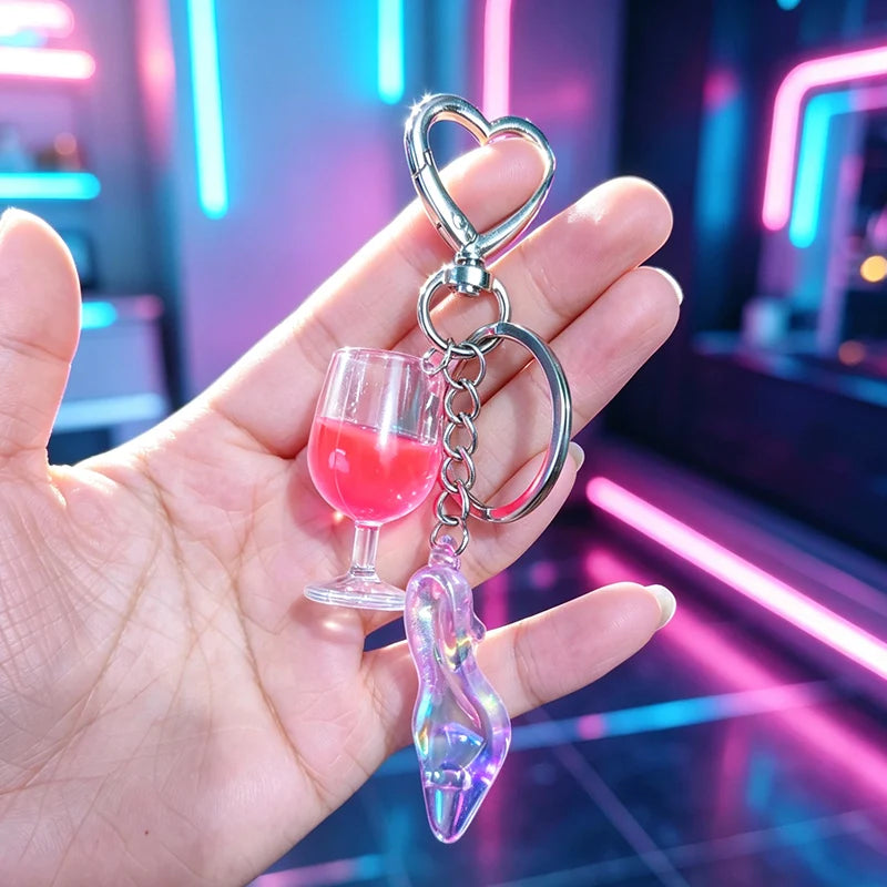 New Colorful Wine Glass High Heels Keychain Cute Laser Princess High Heels Acrylic Pendant with Heart shaped Buckle Suitable for