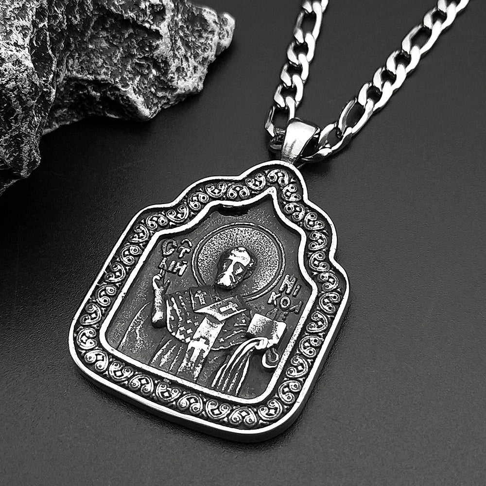 Saint Nicholas Santa Claus Chain For Women Men Stainless Steel Black Cross Turkey The Orthodox Church Necklace Jewelry Gifts