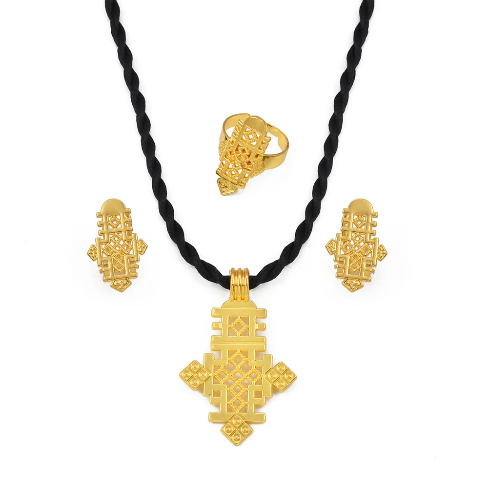 Ethiopian New Year Jewelry Sets Cross Necklaces Earrings Rings Eritrean Africa Bridal Christmas Day Party Gifts  #201316
