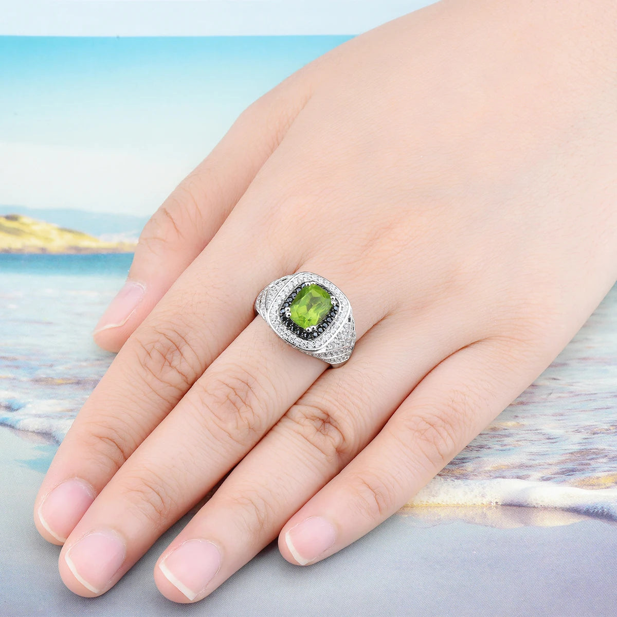 Natural Peridot Black Spinel Solid Sterling Silver Rings Unisex Style 3.2 Carats Genuine Gemstone Original Design Anniversary