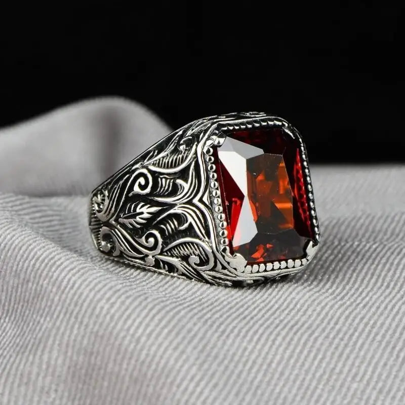 Retro Turkish Handmade Men Ring Vintage Carved Pattern Red Synthetic Zircon Rings Rock Punk Islamic Muslim Wedding Jewelry