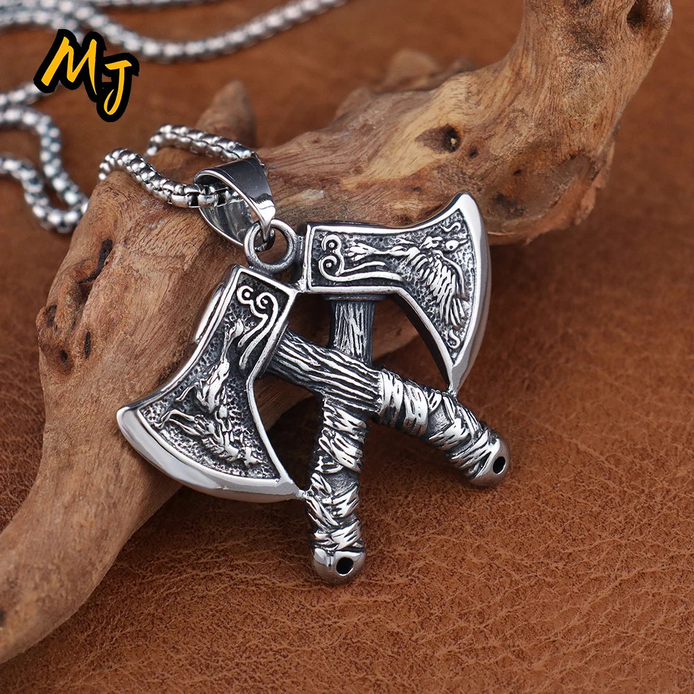 Unique Viking Double Axe Pendant Stainless Steel Retro Nordic Domineering Wolf and Eagle Necklace Scandinavian Jewelry