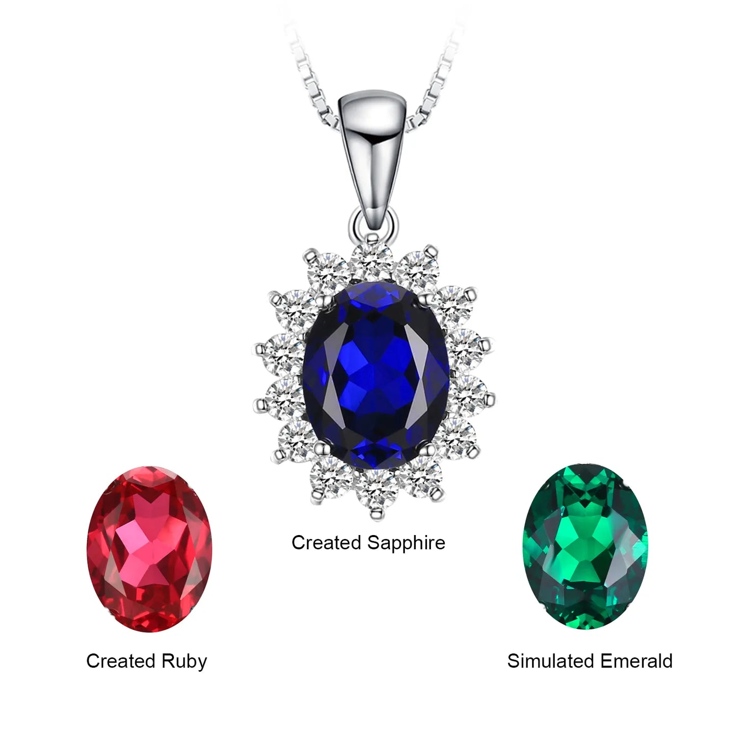 JewelryPalace Princess Diana Created Blue Sapphire Ruby Simulated Emerald 925 Sterling Silver Pendant Necklace Women No Chain