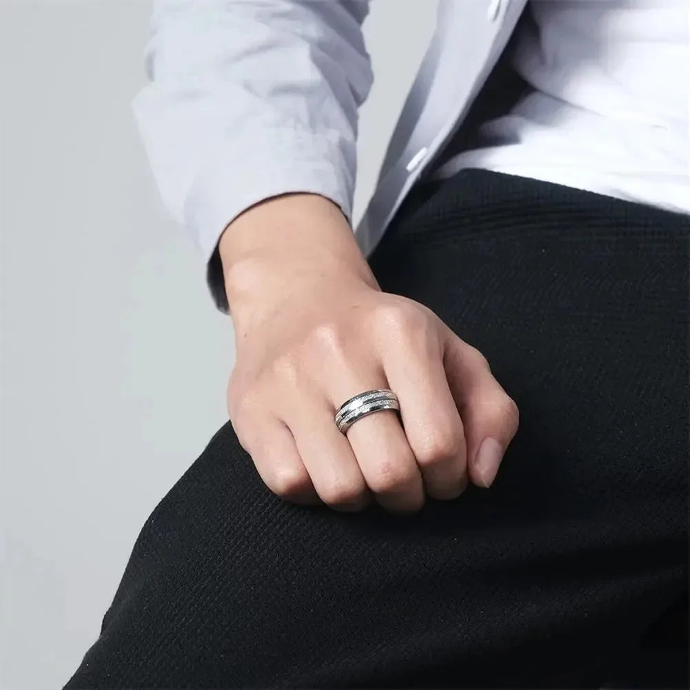 Fashion 8mm Silver Color Stainless Steel Rings for Men Double Groove Meteorite Inlay Dome Men Finger Ring Wedding Band Jewelry