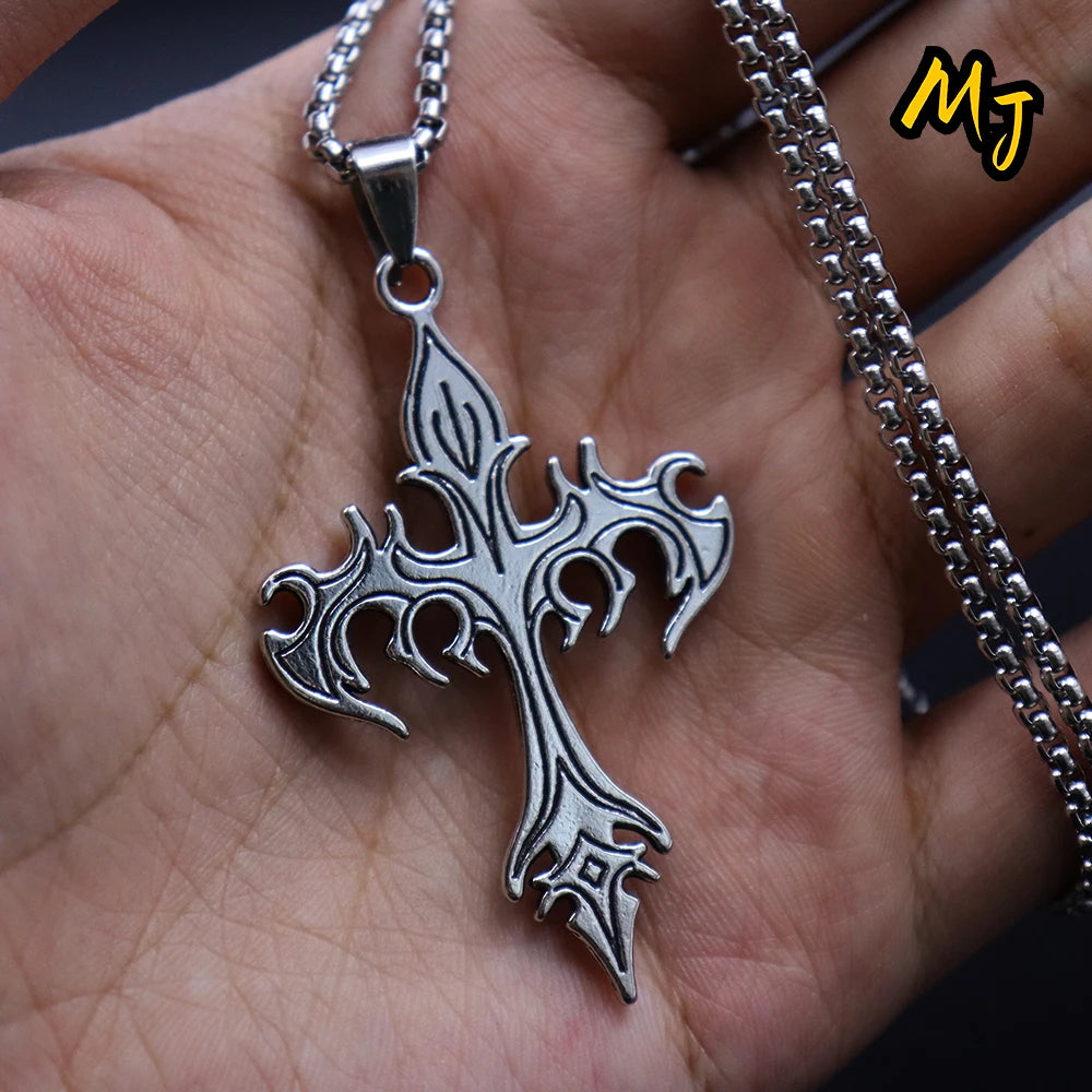 Vintage Men's Gothic Flame Cross Pendant Necklace Alloy Motorcycle Club Gothic  DragonEnwined Skull Cross Halloween Jewelry Gift