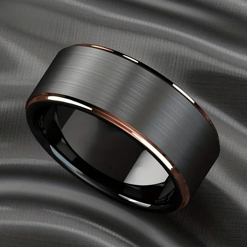 Fashion 8mm Black Brushed Stainless Steel Rings for Men Rose Gold Color Step Edge Men Promise Rings Wedding Party Jewelry Gifts