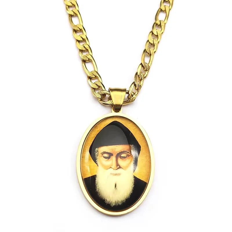 Orthodox Church Saint Charbel Glass Medal Pendant Necklace for Women Men Stainless Steel Gold Color Amulet Protection Jewelry