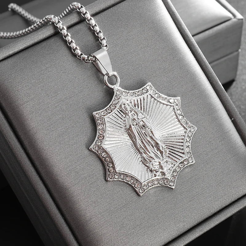 Classic Catholic Virgin Mary Square Pendant Necklace for Men Women Christian Religious Prayer Amulets Jewelry Gifts