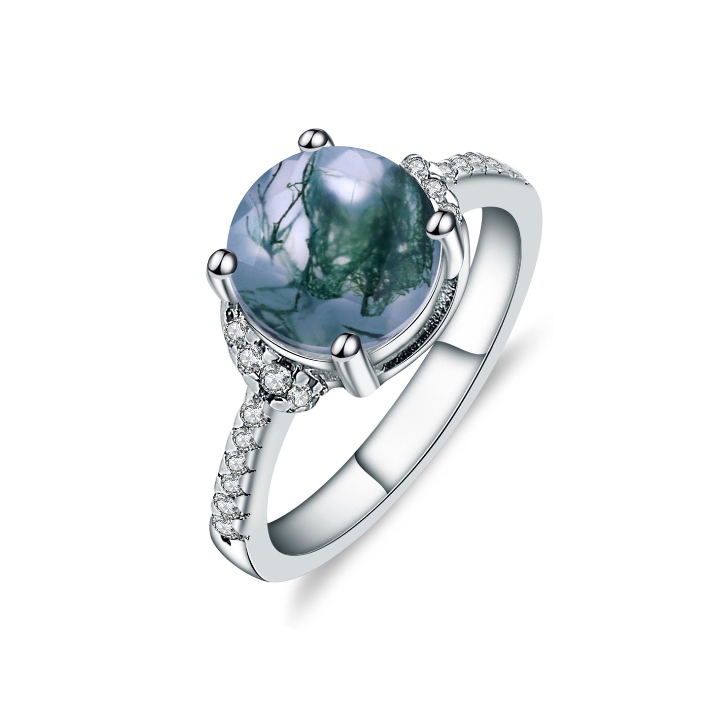 GEM&#39;S BALLET 9mm Round Natural Moss Agate Gemstone Ring in 925 Sterling Silver Birthstone Dainty Ring Gift For Her Moss Agate|925 Sterling Silver