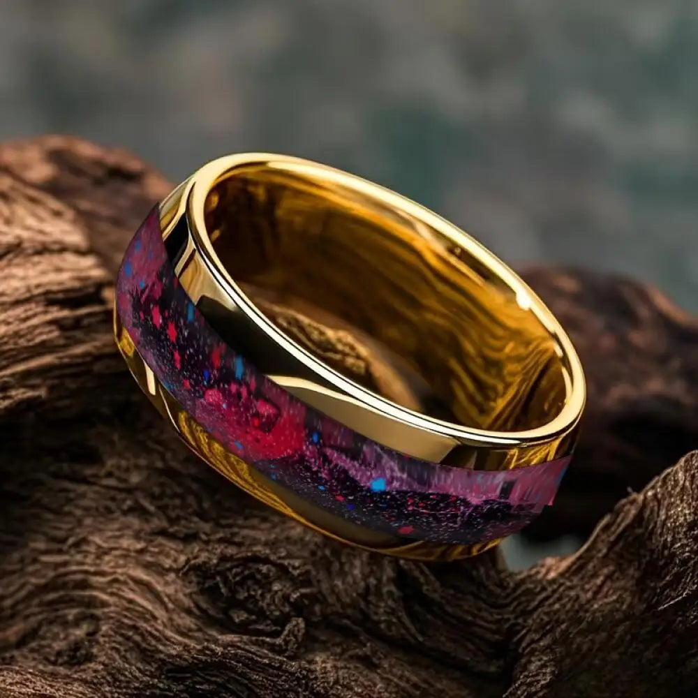 With Purple Red Starry Sky Pattern Rings, 8mm Cosmic Starry Sky Stainless Steel Men Ring, Wedding Band Jewelry Drop Ship