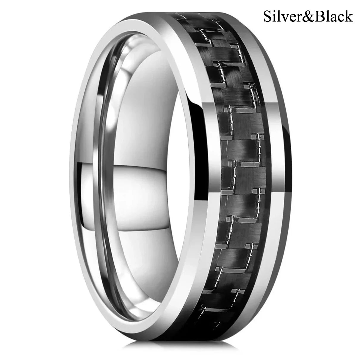 Fashion 8mm Men Stainless Steel Rings Inlaid Black Blue Red Carbon Fiber Rings For Men Wedding Engagement Party Jewelry Gifts