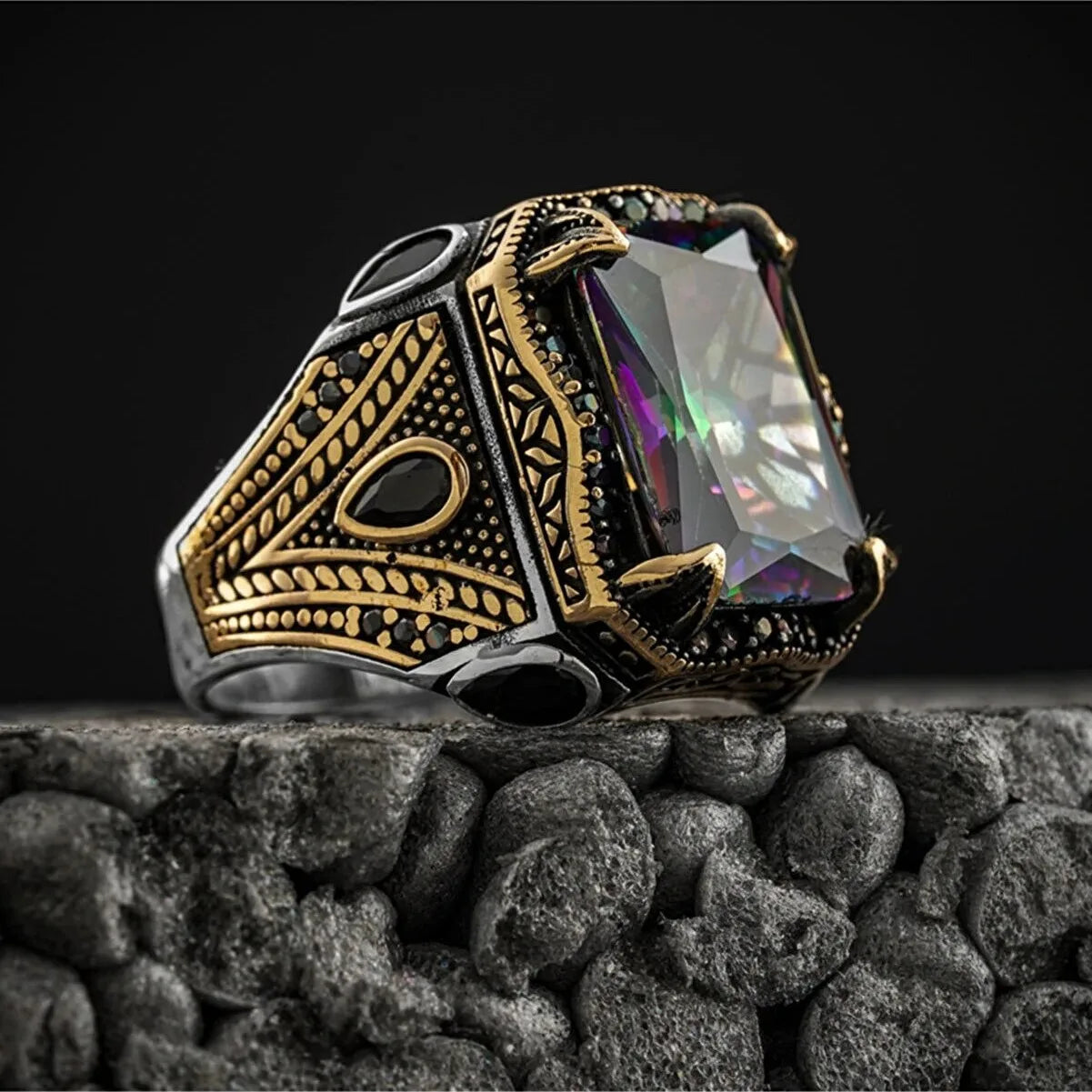 Retro Handmade Turkish Signet Rings For Men Ancient Silver Color Carved Eagle Ring Mystic Zircon Inlay New Punk Motor Biker Ring