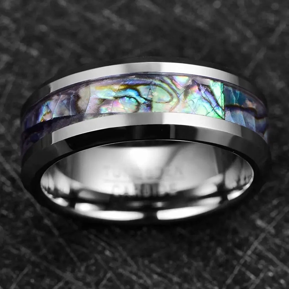 Fashion 8mm Men Silver Color Stainless Steel Rings Inlay Rainbow Abalone Shell Rings For Men Women Wedding Band Jewelry Gifts