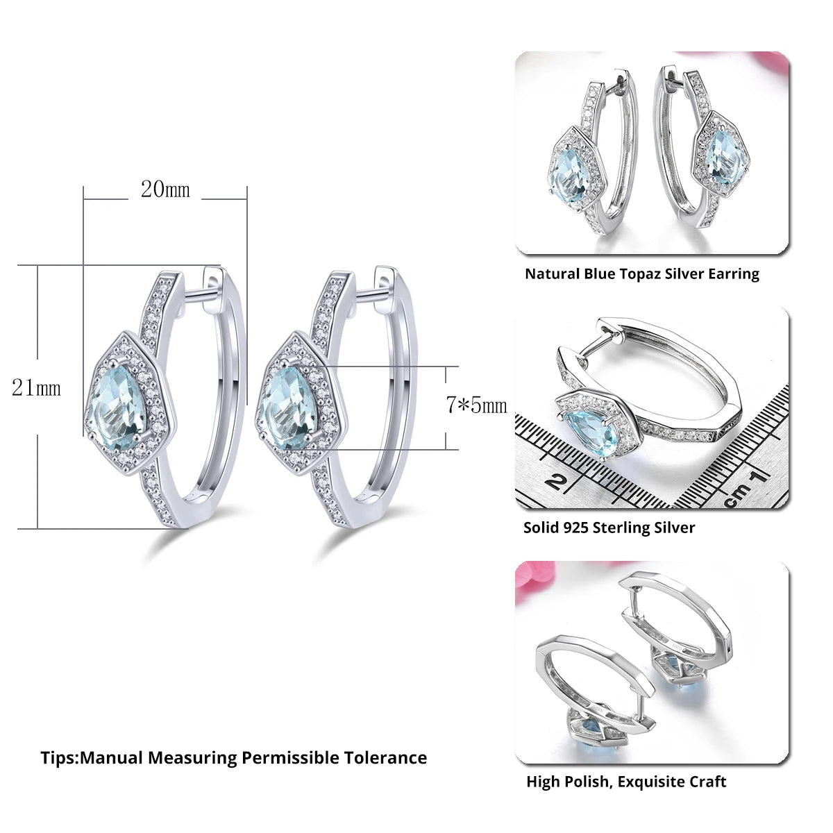 Natural Sky Blue Topaz Sterling Silver Clip Earring 1.6 Carats Unique Original Design Women's Daily Fine Jewelry Style Gifts