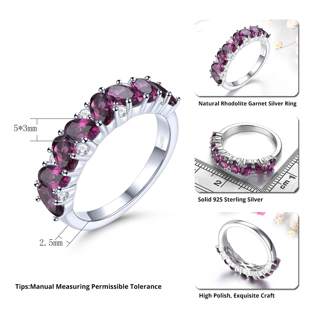 Natural Rhodolite Garnet Sterling Silver Rings 2.5 Carats Genuine Gemstone Rose Garnet S925 Romantic Style Anniversary Gifts