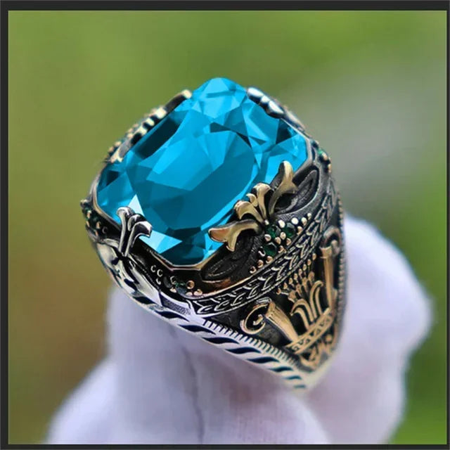 New Retro Handmade Turkish Rings for Men Vintage Double Swords Black Zircon Rings Punk 2024 Trendy Islamic Religious Muslim